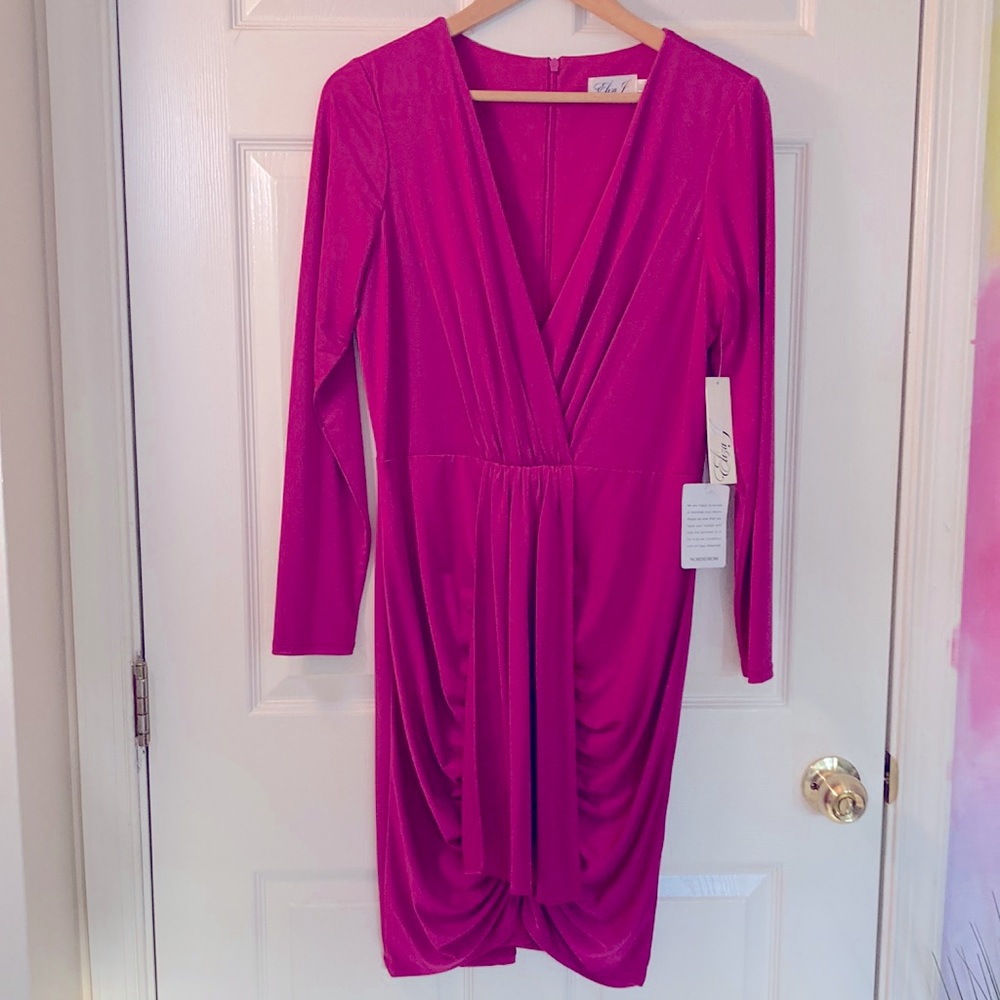 Eliza J Pink Magenta Fuchsia Deep V Neck Ruched Cocktail Dress